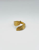 18K gold plated textured angel wing bypass ring by Biya Accessoires.