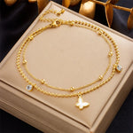iya Accessoires non-tarnish gold layered anklet with pearl butterfly and crystals.