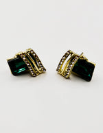 Biya Accessoires emerald green and gold geometric stud earrings with crystal pavé.