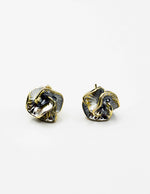 Biya Accessoires pearlescent blossom stud earrings with gold trim.