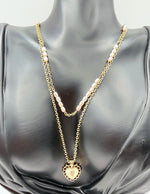 Biya Accessoires 18K gold plated layered necklace with pearls and vintage rose heart pendant.