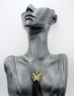 Waterproof gold large butterfly jewelry with crystals on silk.