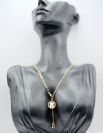 Waterproof non-tarnish artificial gold Y-necklace with paperclip and bead chain.