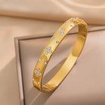 Modern luxury fine art editorial jewelry crystal clover wide bracelet gift.