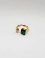 18K gold plated green emerald cut toi et moi ring by Biya Accessoires.
