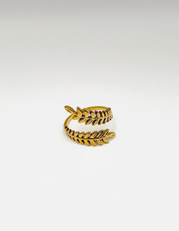 18K gold plated laurel leaf bypass open ring by Biya Accessoires.