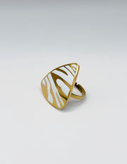 18K gold plated white enamel abstract shield ring by Biya Accessoires.