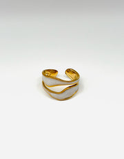 18K gold plated white marbled enamel double wave ring by Biya Accessoires.