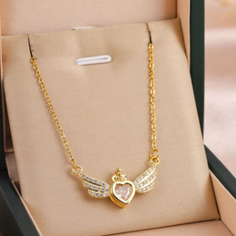 Regal Winged Heart Crown Pendant | 18K Gold Plated Crystal Necklace | Waterproof