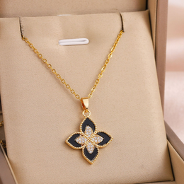 Noir Royale Quatrefoil Pendant | 18K Gold Plated Onyx-Style Crystal | Waterproof