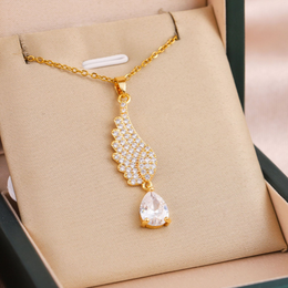 Celestial Angel Wing Drop Pendant | 18K Gold Plated & Pear-Cut Crystal | Waterproof