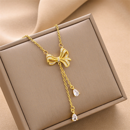 Coquette Crystal Bow Lariat Necklace | 18K Gold Plated Teardrop Drop | Waterproof