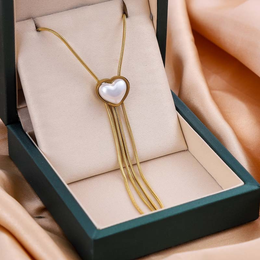 Elora Pearl Heart Tassel Lariat Necklace | 18K Gold Plated | Waterproof