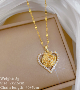 Rosa Pavé Heart & 3D Rose Pendant Necklace | 18K Gold Plated | Waterproof
