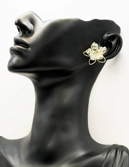 Close up of imitation jewelry uae statement earrings featuring beaded crystal petals.
