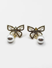 Biya Accessoires artificial jewellery online dubai crystal pavé butterfly pearl earrings.