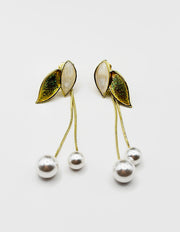 Biya Accessoires artificial jewellery online dubai enamel leaf pearl drop earrings.