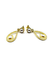 Close up of elegant imitation jewelry uae featuring an open gold frame lined with small pearls and a teardrop center.