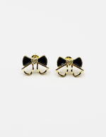 Biya Accessoires black enamel and gold bow stud earrings with crystal heart.
