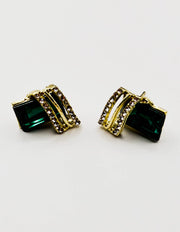 Biya Accessoires emerald green and gold geometric stud earrings with crystal pavé.