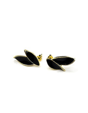 Biya Accessoires gold and black double leaf stud earrings for women.