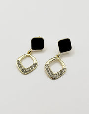 Biya Accessoires gold black enamel and crystal rhombus drop earrings.