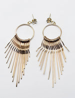 Close up of premium hypoallergenic imitation jewelry featuring a crystal stud and gold bar fringe.