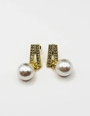 Biya Accessoires gold geometric crystal pavé and pearl drop earrings.