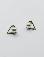 Biya Accessoires gold geometric triangle and pearl stud earrings.