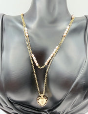 Biya Accessoires 18K gold plated layered necklace with pearls and vintage rose heart pendant.