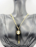 Biya Accessoires 18K gold plated bear medallion lariat necklace with mother of pearl.