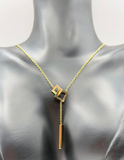 Waterproof non-tarnish artificial gold Y-necklace with geometric bar pendant.
