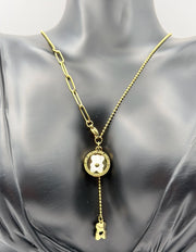 Waterproof non-tarnish artificial gold Y-necklace with paperclip and bead chain.
