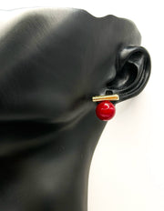 Minimalist gold bar earrings with colored resin and faux pearls.