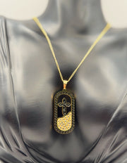 Close-up of premium hypoallergenic imitation jewelry with Greek key border and crystals.
