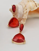 Sparkling red Christmas earrings Canada, teardrop plus shield cut design, glam party jewelry