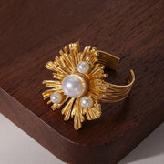 Modern luxury old money aesthetic gold and pearl ring for women.
