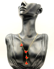 Waterproof gold Y-necklace with red carnelian butterflies Dubai.