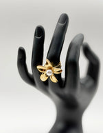 18K gold plated smooth petal blossom pearl statement ring by Biya Accessoires.