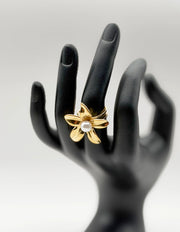 18K gold plated smooth petal blossom pearl statement ring by Biya Accessoires.