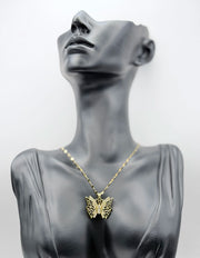 Waterproof gold large butterfly jewelry with crystals on silk.