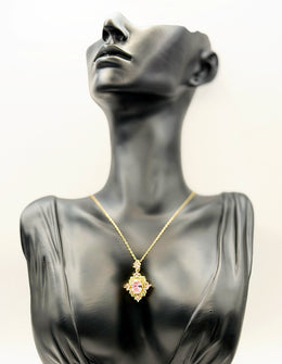 18K gold plated vintage pink crystal halo pendant necklace.