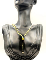 Biya Accessoires 18K gold plated layered lariat necklace with vintage coin and baroque pearl drop.