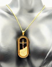 Close-up of premium hypoallergenic imitation jewelry with Greek key border and crystals.