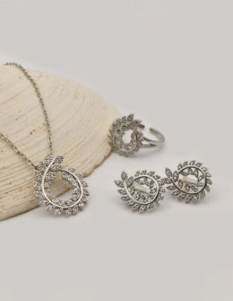 luxe leaf swirl sparkle set necklace and earrings with crystal circle pendant, montreal minimalist jewelry gift for her canada