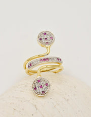 radiant twist golden stone wedding ring with ruby and diamond accents, elegant engagement jewellery for women in canada